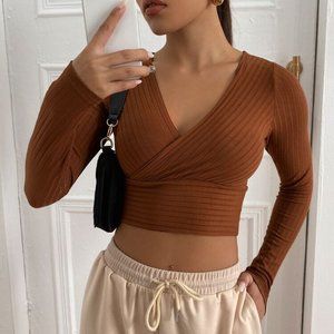 Orange Brown Surplice Neck Rib-knit Crop Tee size XS